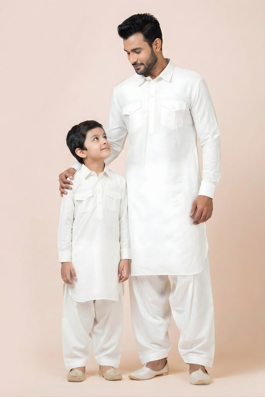 Stunning White Viscose Pathani Kurta Pajama Matching Set for Father and Son