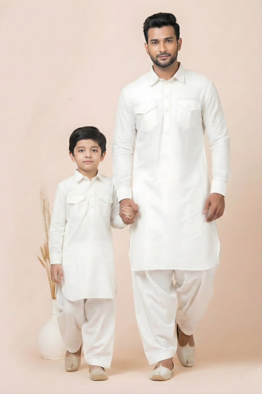 Stunning White Viscose Pathani Kurta Pajama Matching Set for Father and Son