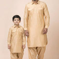 Classic Beige Viscose Pathani Kurta Pajama Matching Set for Father and Son
