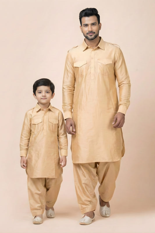 Classic Beige Viscose Pathani Kurta Pajama Matching Set for Father and Son