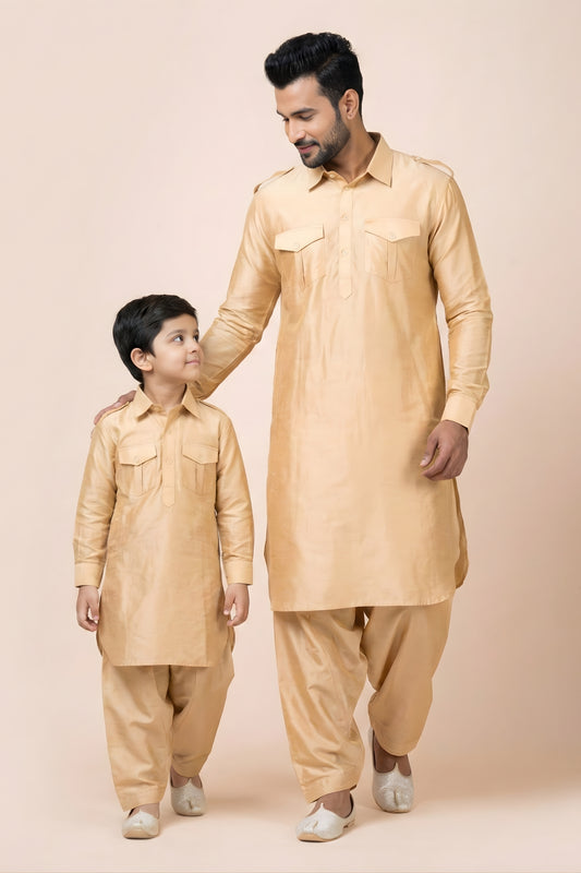 Classic Beige Viscose Pathani Kurta Pajama Matching Set for Father and Son