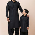 Fantastic Black Viscose Pathani Kurta Pajama Matching Set for Father and Son