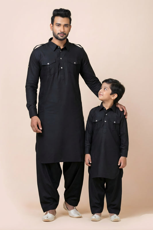 Fantastic Black Viscose Pathani Kurta Pajama Matching Set for Father and Son