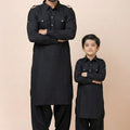 Fantastic Black Viscose Pathani Kurta Pajama Matching Set for Father and Son