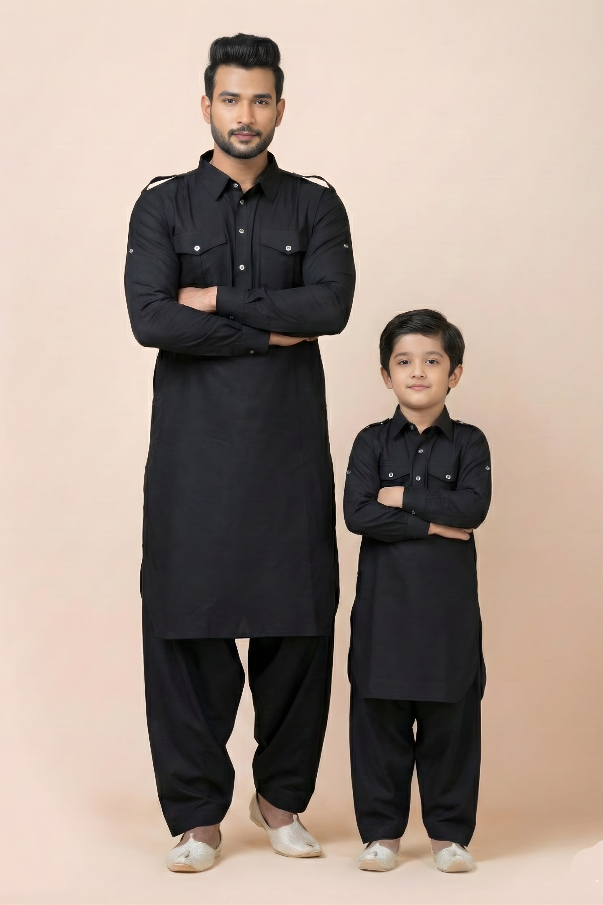 Fantastic Black Viscose Pathani Kurta Pajama Matching Set for Father and Son