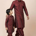 Trendy Maroon Viscose Pathani Kurta Pajama Matching Set for Father and Son