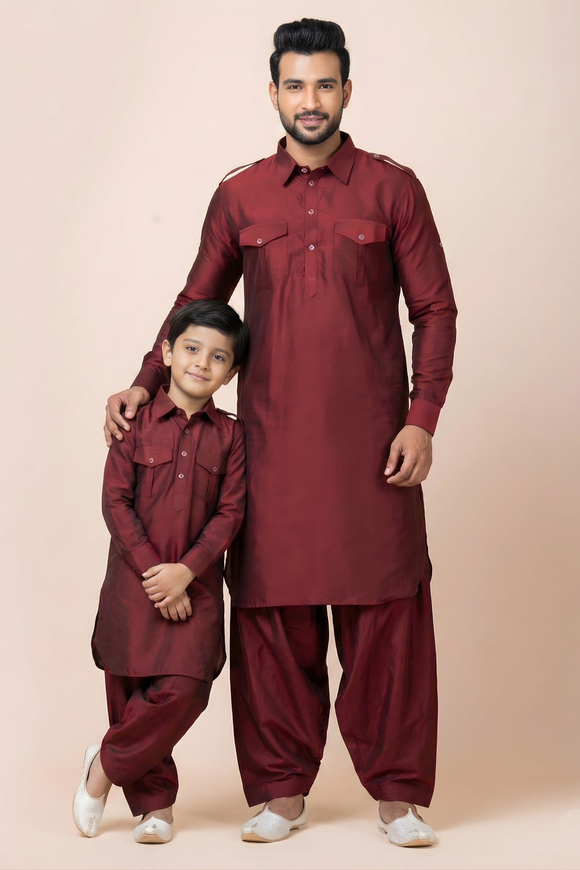Trendy Maroon Viscose Pathani Kurta Pajama Matching Set for Father and Son