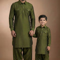 Impressive Olive Green Viscose Pathani Kurta Pajama Matching Set for Father and Son