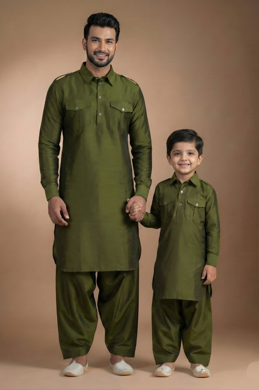 Impressive Olive Green Viscose Pathani Kurta Pajama Matching Set for Father and Son