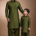 Impressive Olive Green Viscose Pathani Kurta Pajama Matching Set for Father and Son