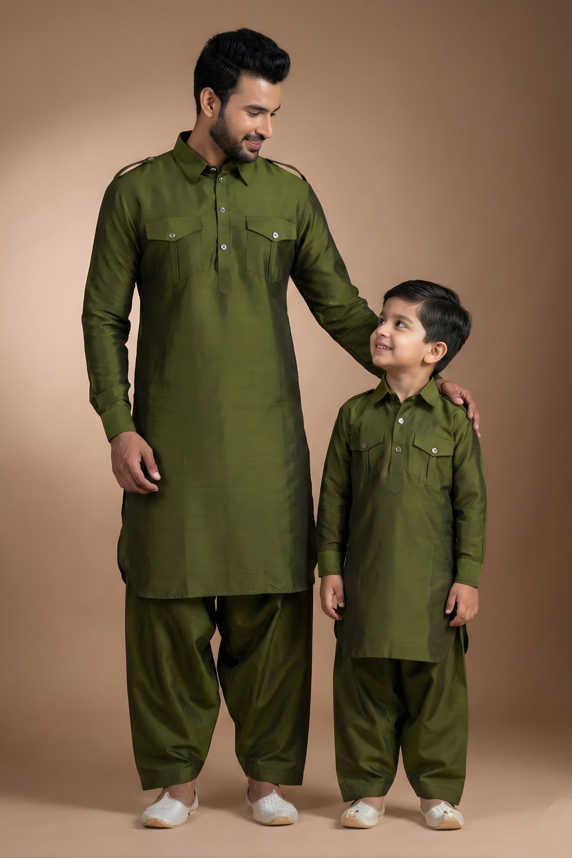 Impressive Olive Green Viscose Pathani Kurta Pajama Matching Set for Father and Son