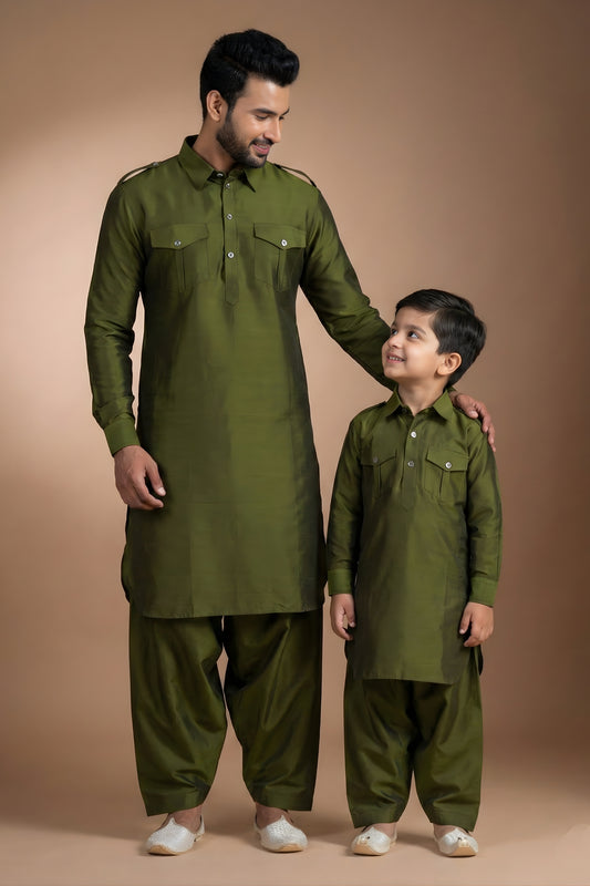 Impressive Olive Green Viscose Pathani Kurta Pajama Matching Set for Father and Son