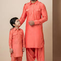 Vibrant Orange Viscose Pathani Kurta Pajama Matching Set for Father and Son