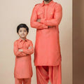 Vibrant Orange Viscose Pathani Kurta Pajama Matching Set for Father and Son