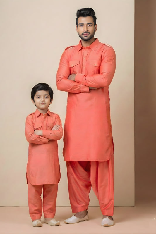 Vibrant Orange Viscose Pathani Kurta Pajama Matching Set for Father and Son