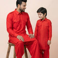Royal Red Viscose Pathani Kurta Pajama Matching Set for Father and Son