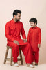 Royal Red Viscose Pathani Kurta Pajama Matching Set for Father and Son