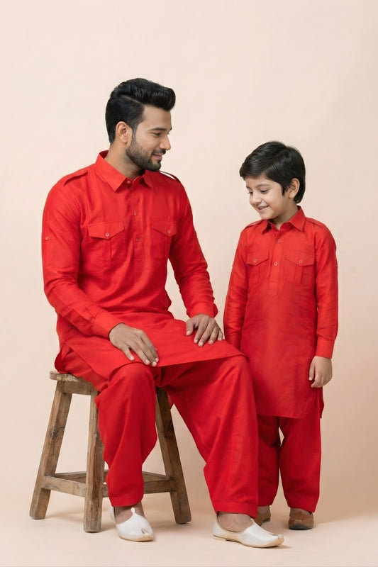 Royal Red Viscose Pathani Kurta Pajama Matching Set for Father and Son