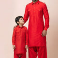 Royal Red Viscose Pathani Kurta Pajama Matching Set for Father and Son