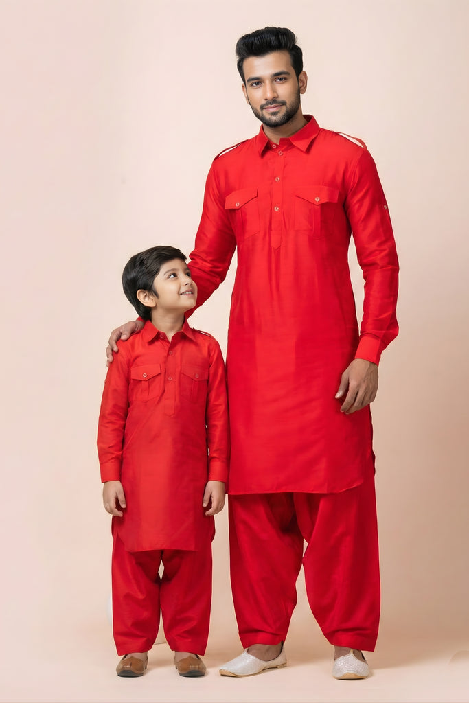 Royal Red Viscose Pathani Kurta Pajama Matching Set for Father and Son