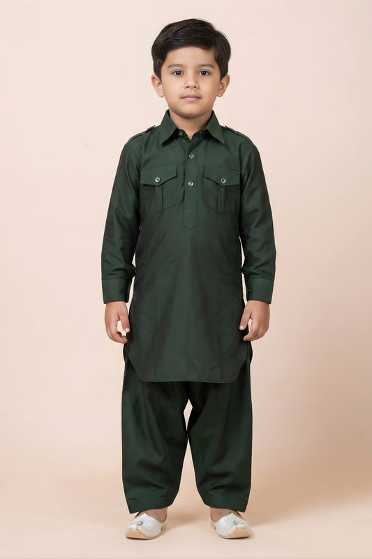 Classic Dark Green Viscose Pathani Kurta Pajama Set for Boys