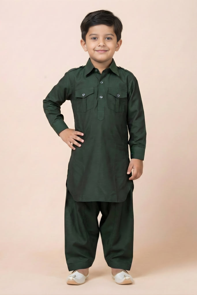 Classic Dark Green Viscose Pathani Kurta Pajama Set for Boys