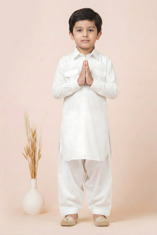 Trendy White Viscose Pathani Kurta Pajama Set for Boys