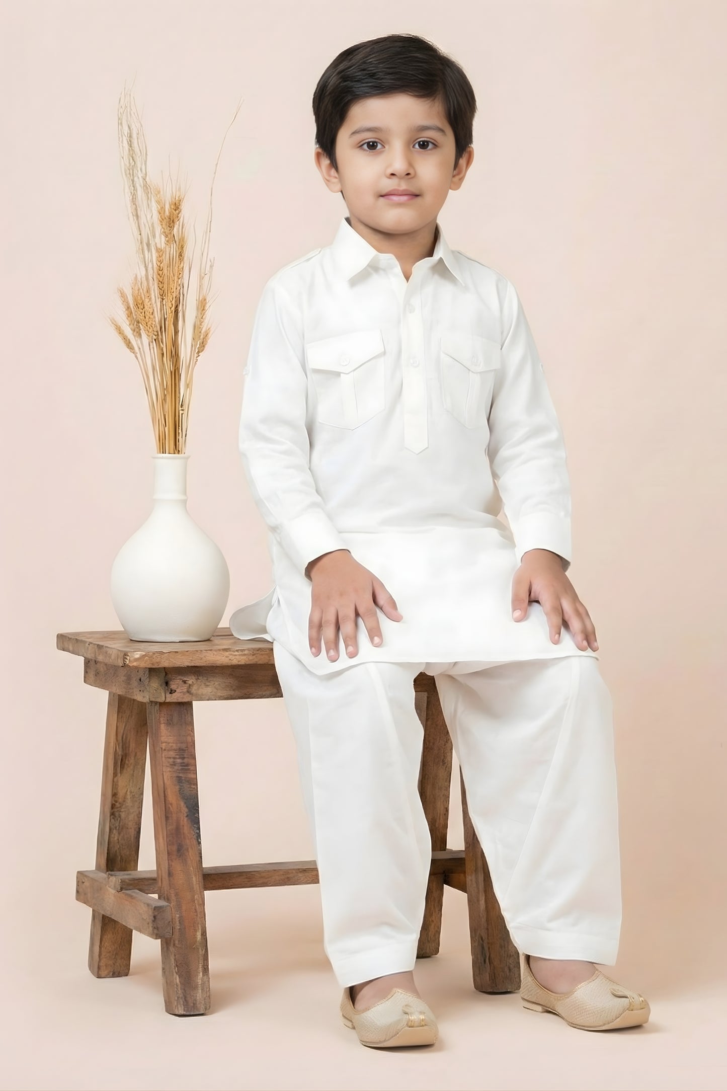Trendy White Viscose Pathani Kurta Pajama Set for Boys