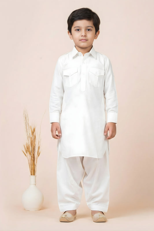 Trendy White Viscose Pathani Kurta Pajama Set for Boys