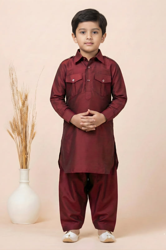 Stunning Maroon Viscose Pathani Kurta Pajama Set for Boys