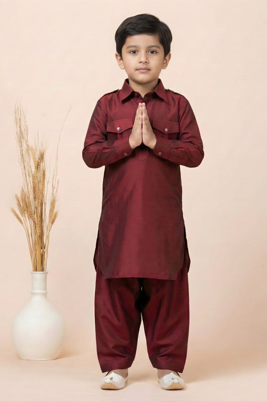 Stunning Maroon Viscose Pathani Kurta Pajama Set for Boys