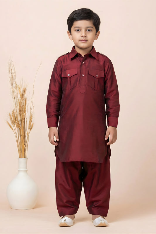 Stunning Maroon Viscose Pathani Kurta Pajama Set for Boys