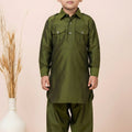 Elegant Olive Green Viscose Pathani Kurta Pajama Set for Boys
