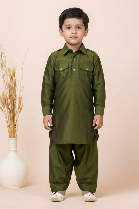 Elegant Olive Green Viscose Pathani Kurta Pajama Set for Boys