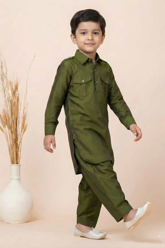 Elegant Olive Green Viscose Pathani Kurta Pajama Set for Boys