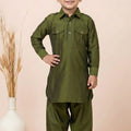 Elegant Olive Green Viscose Pathani Kurta Pajama Set for Boys