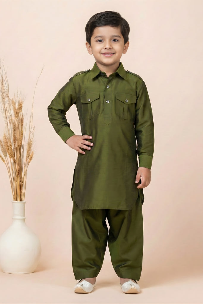 Elegant Olive Green Viscose Pathani Kurta Pajama Set for Boys