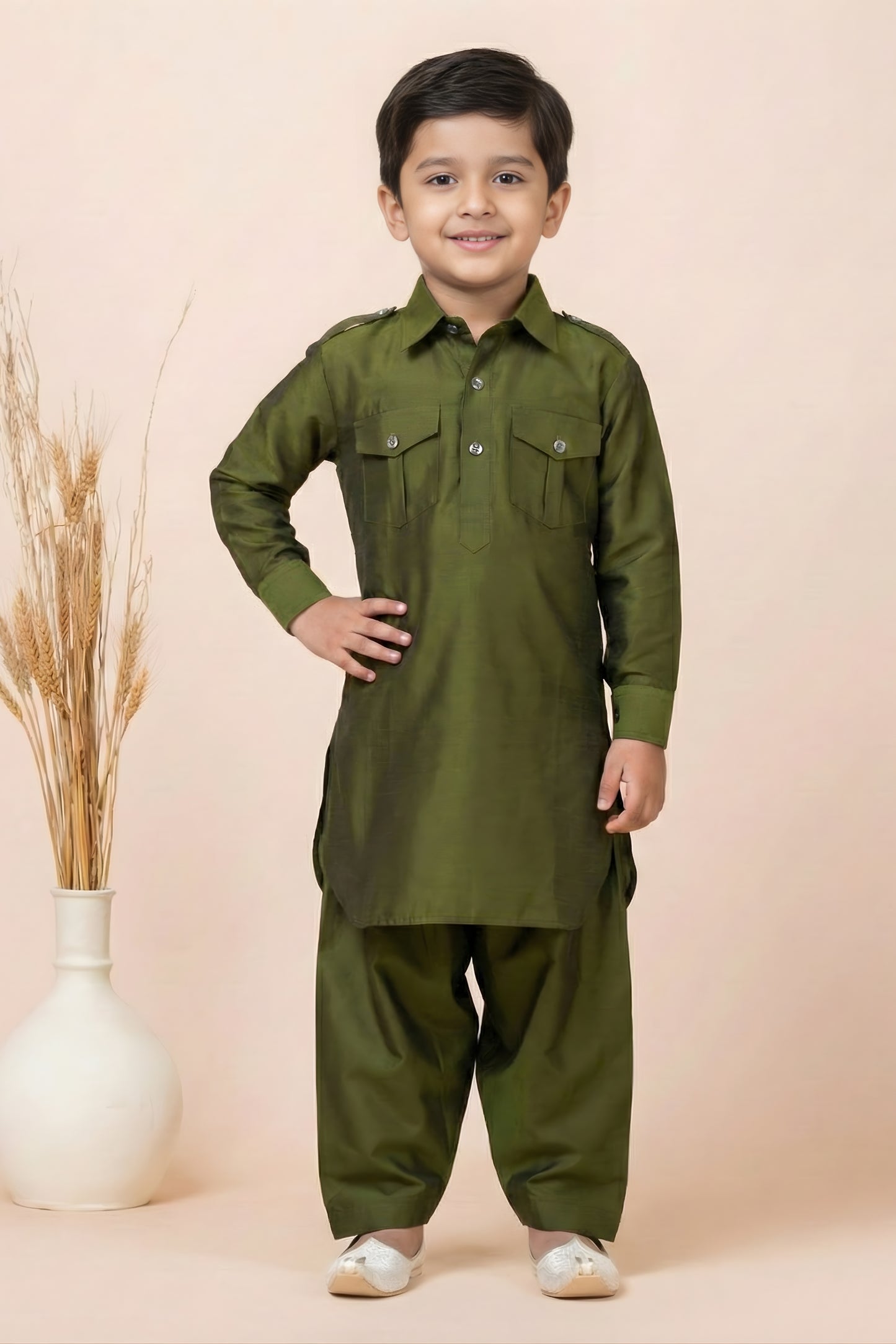 Elegant Olive Green Viscose Pathani Kurta Pajama Set for Boys