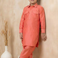 Festive Orange Viscose Pathani Kurta Pajama Set for Boys