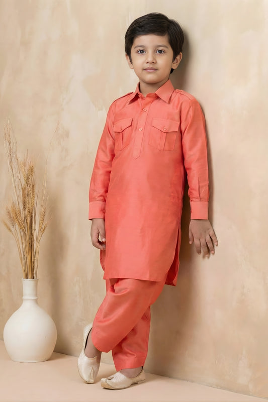 Festive Orange Viscose Pathani Kurta Pajama Set for Boys