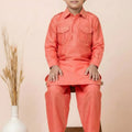 Festive Orange Viscose Pathani Kurta Pajama Set for Boys