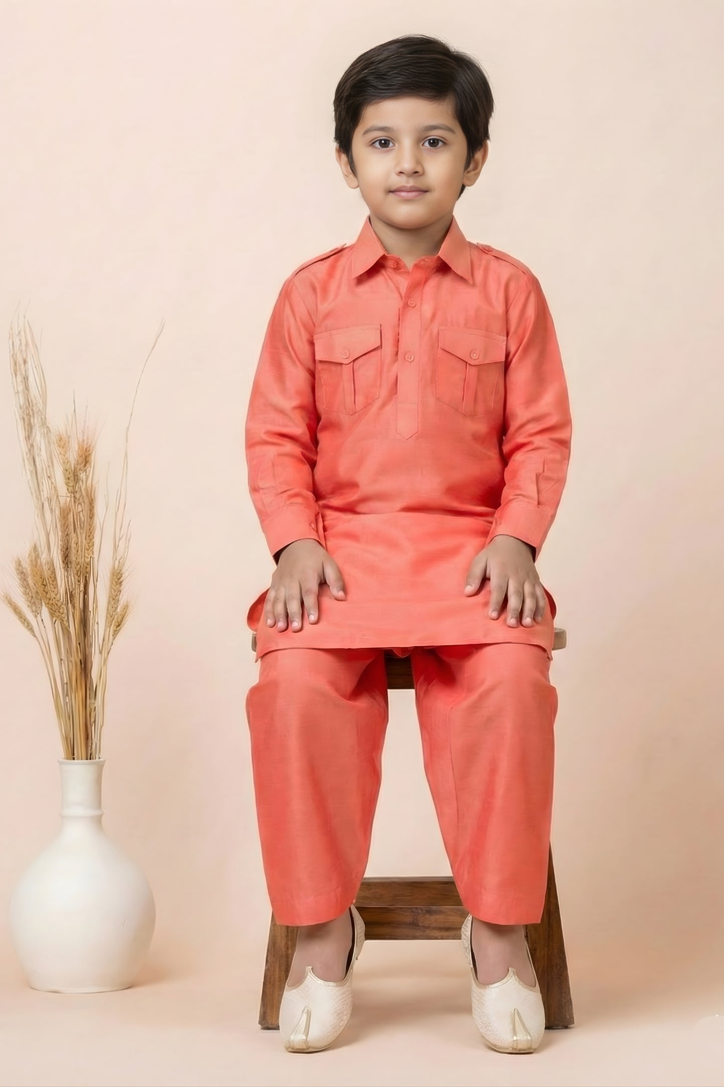 Festive Orange Viscose Pathani Kurta Pajama Set for Boys