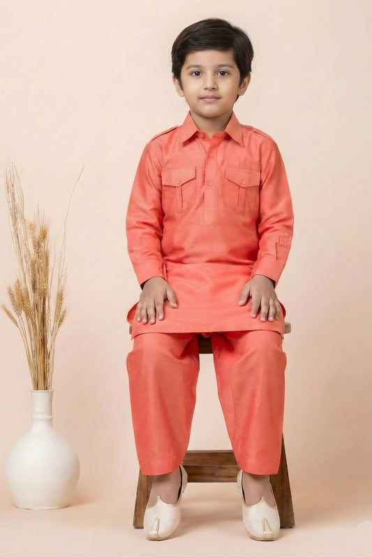Festive Orange Viscose Pathani Kurta Pajama Set for Boys
