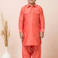 Festive Orange Viscose Pathani Kurta Pajama Set for Boys