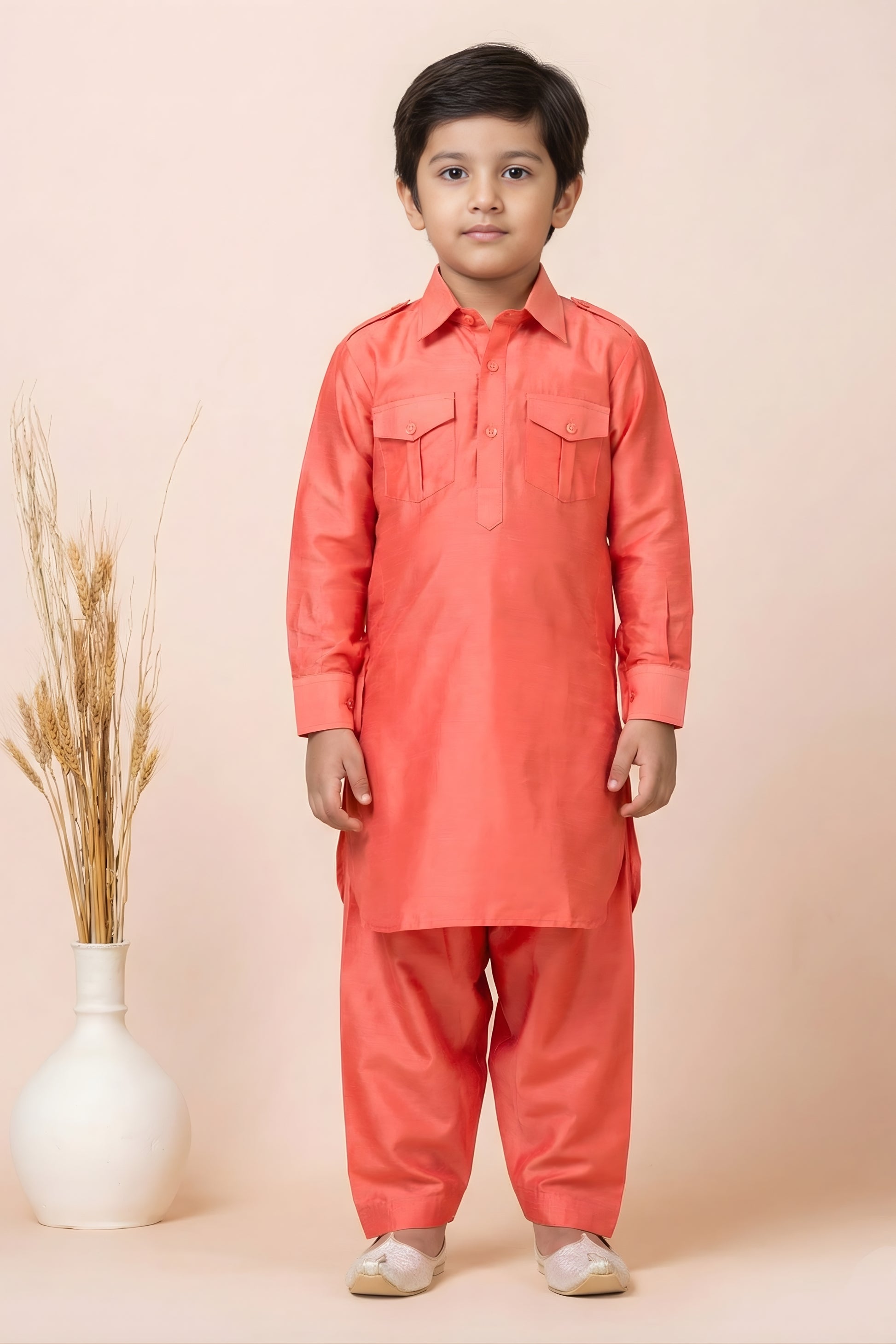 Festive Orange Viscose Pathani Kurta Pajama Set for Boys