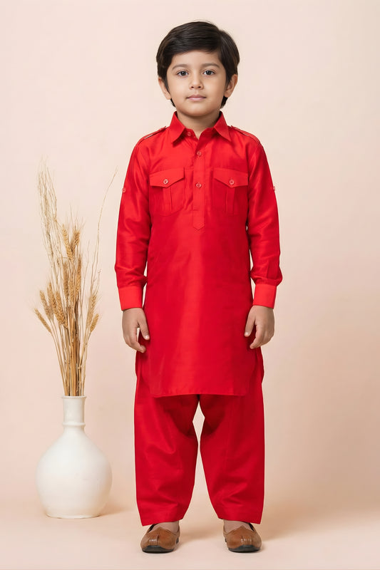 Royal Red Viscose Pathani Kurta Pajama Set for Boys