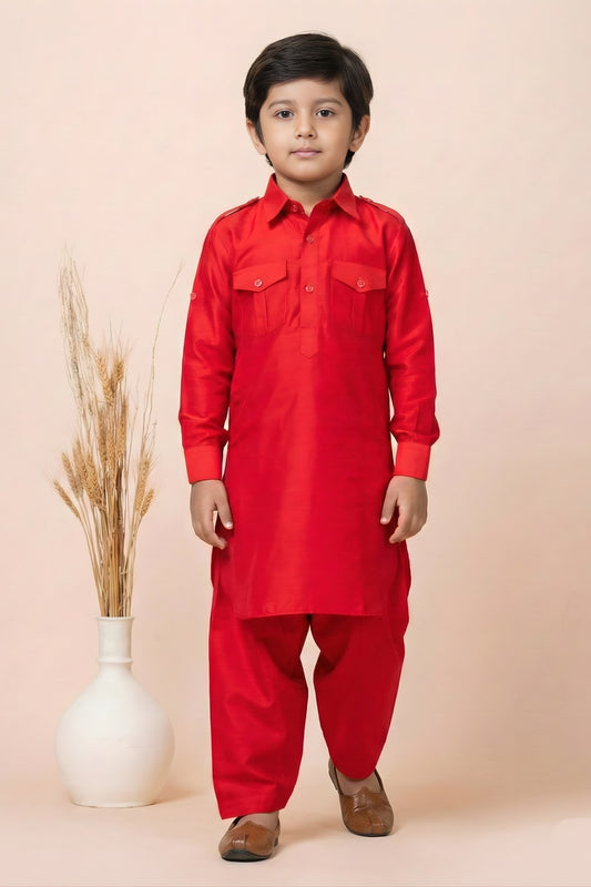 Royal Red Viscose Pathani Kurta Pajama Set for Boys