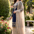 Elegant Navy Blue Embroidered Silk Readymade Salwar Suit with Net Dupatta