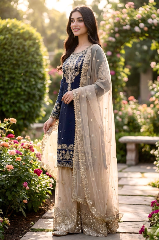 Elegant Navy Blue Embroidered Silk Readymade Salwar Suit with Net Dupatta