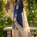 Elegant Navy Blue Embroidered Silk Readymade Salwar Suit with Net Dupatta